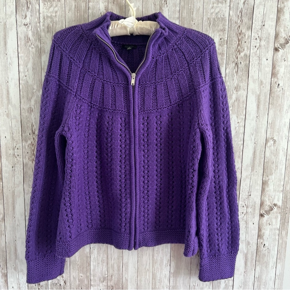 Talbots Purple Women's Knit Zip Up Cardigan Sweater Cotton Medium